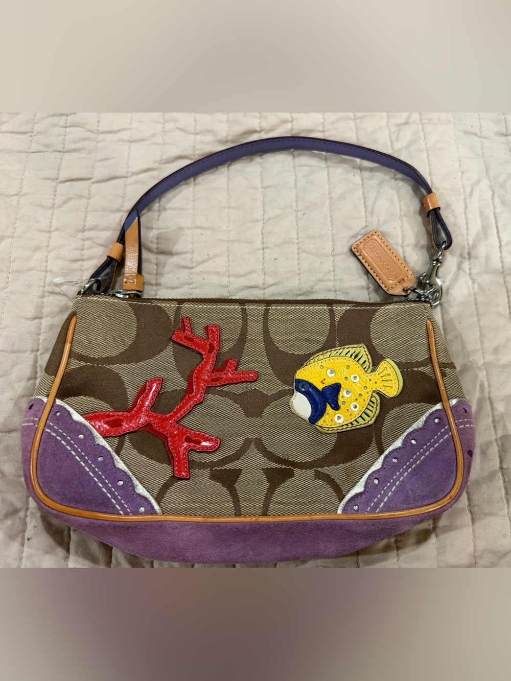 Coach Brown Signature Canvas Shoulder Bag with Purple Suede & Colorful Appliques